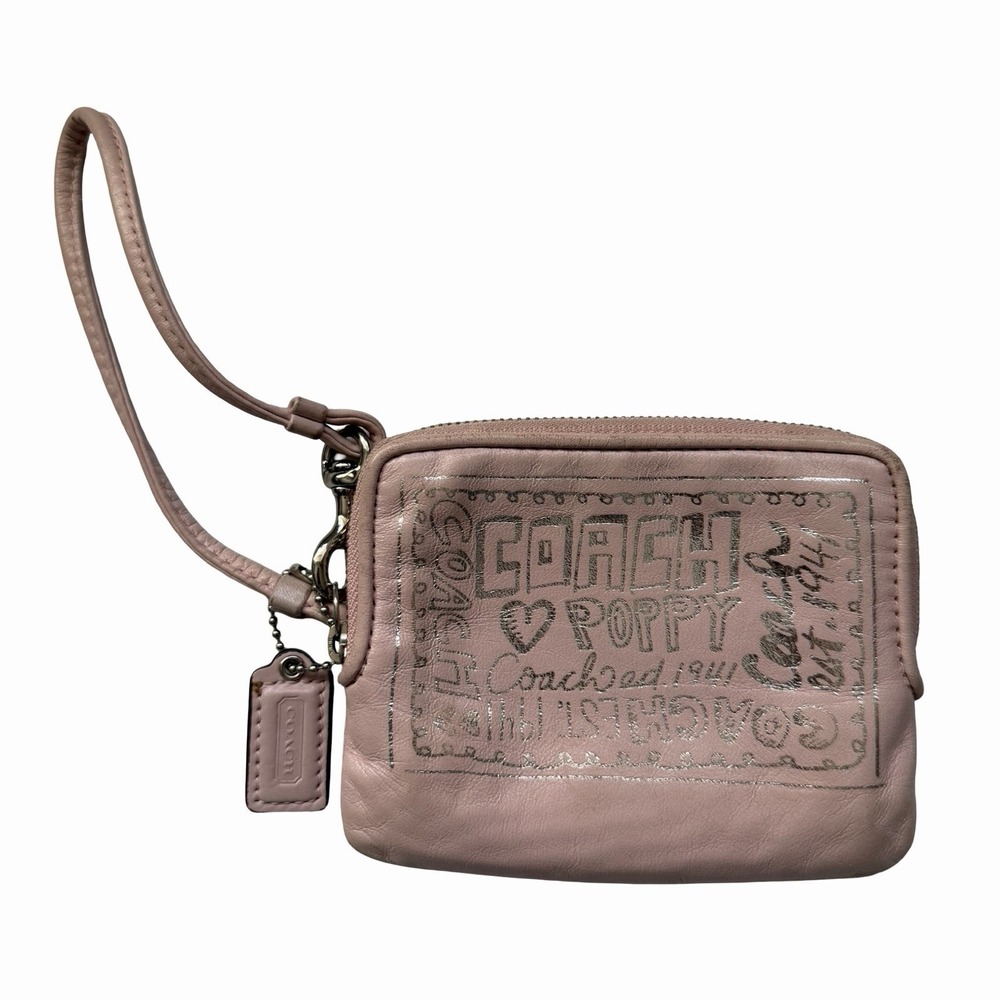 RARE Vintage Coach Poppy Leather Wristlet Pale Pink Doodle Card Wallet Y2k 2000s